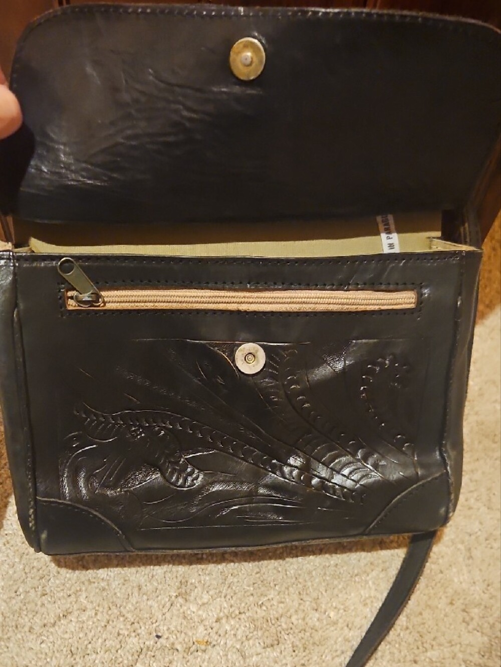 Vintage Hand-Tooled Black Leather Satchel with Silver Buckle - Picture 4 of 6
